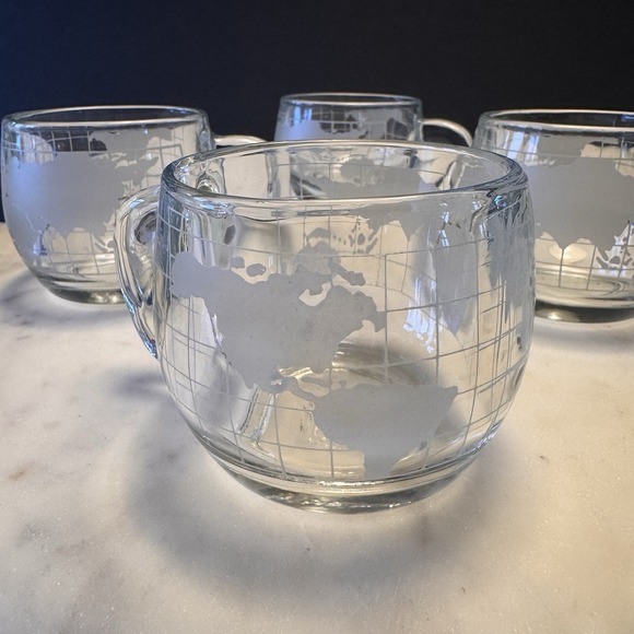 Vintage Nestle Nescafe Etched Glass WORLD GLOBE Coffee Cup Mugs Set of 4
